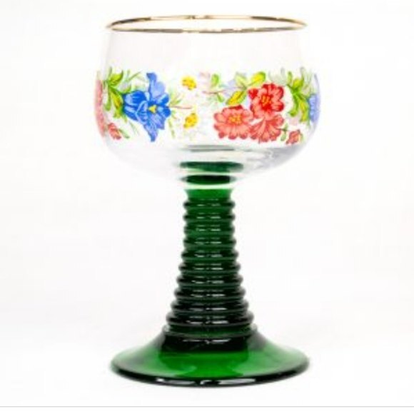 Wine Goblet Romer Cup Stemware Glasses Ribbed Stem Alpine Flowers France Vintage - Picture 1 of 11